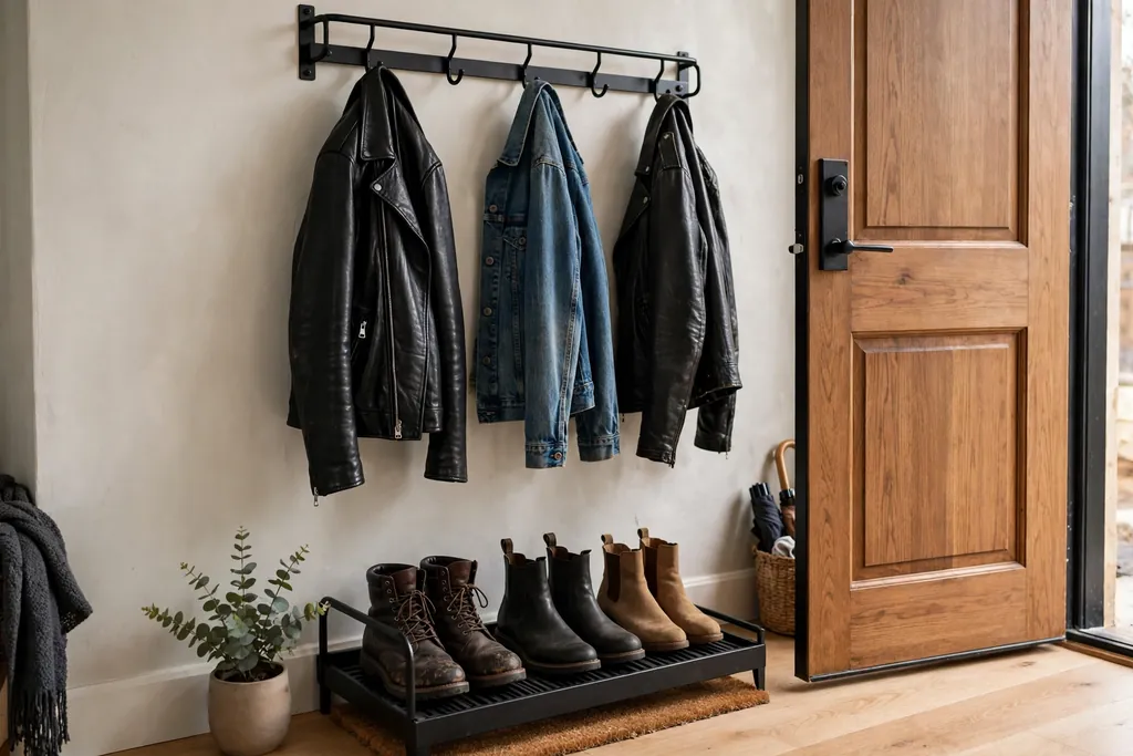 Black metal hook rail with leather and denim jackets and a boot tray by a door.