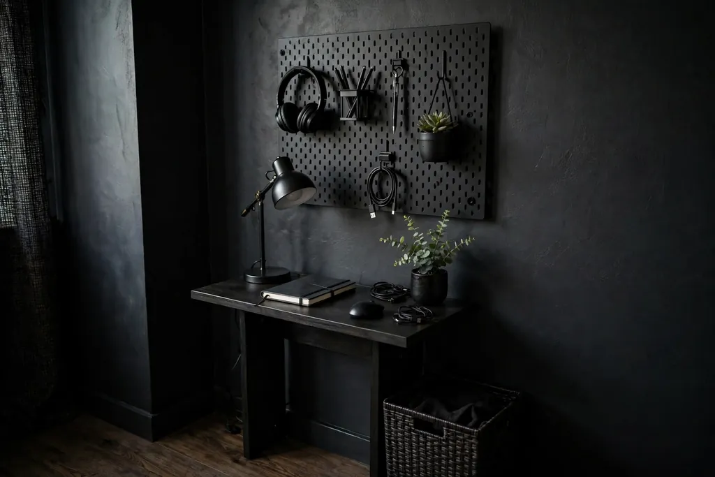 Small dark desk nook with a charcoal wall and a black pegboard above the desk.