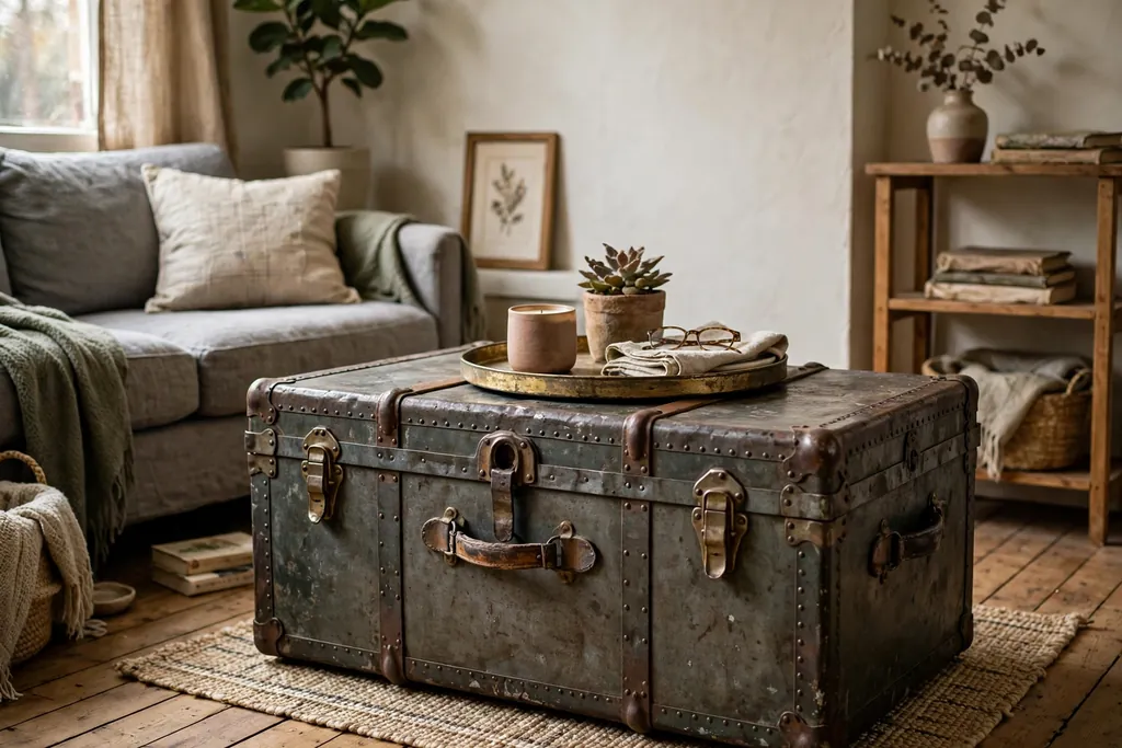 Old metal trunk used as a coffee table with a tray on top in a small living room.