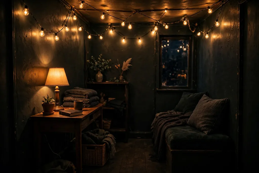 Dark small room lit by warm lamps and string lights in the evening.
