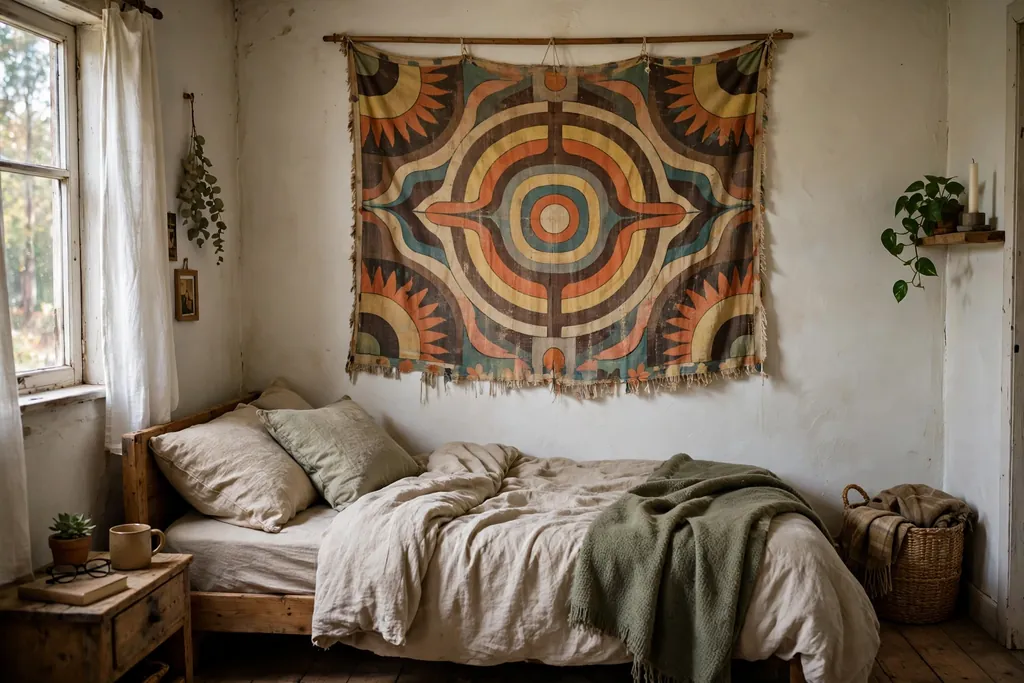 Faded band tapestry hanging on a main wall above a bed in a small bedroom.
