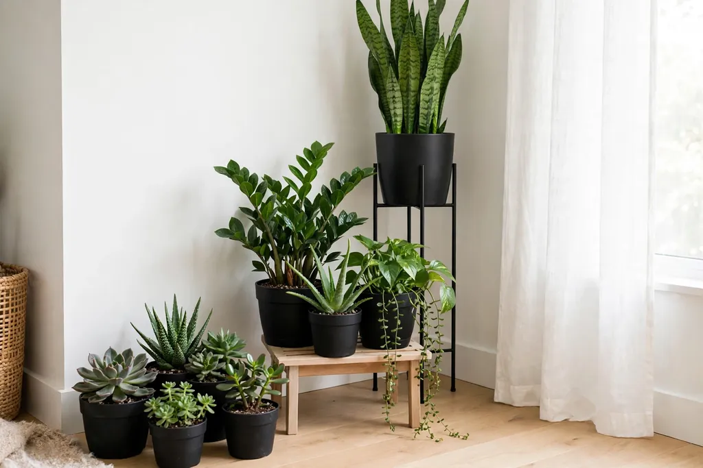 Hardy plants in black pots grouped at three heights in a bright room corner.