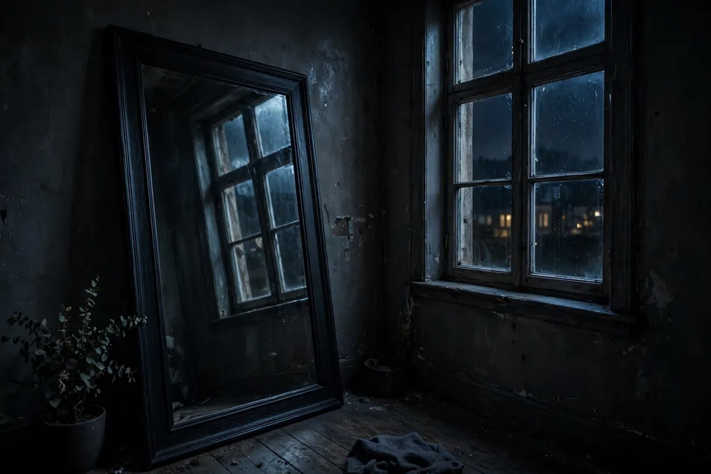 Large mirror with a black frame leaning opposite a window in a dark small room.