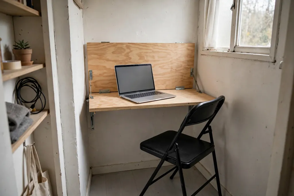 Fold-down wall desk open with a laptop and a folding chair in a tiny room.