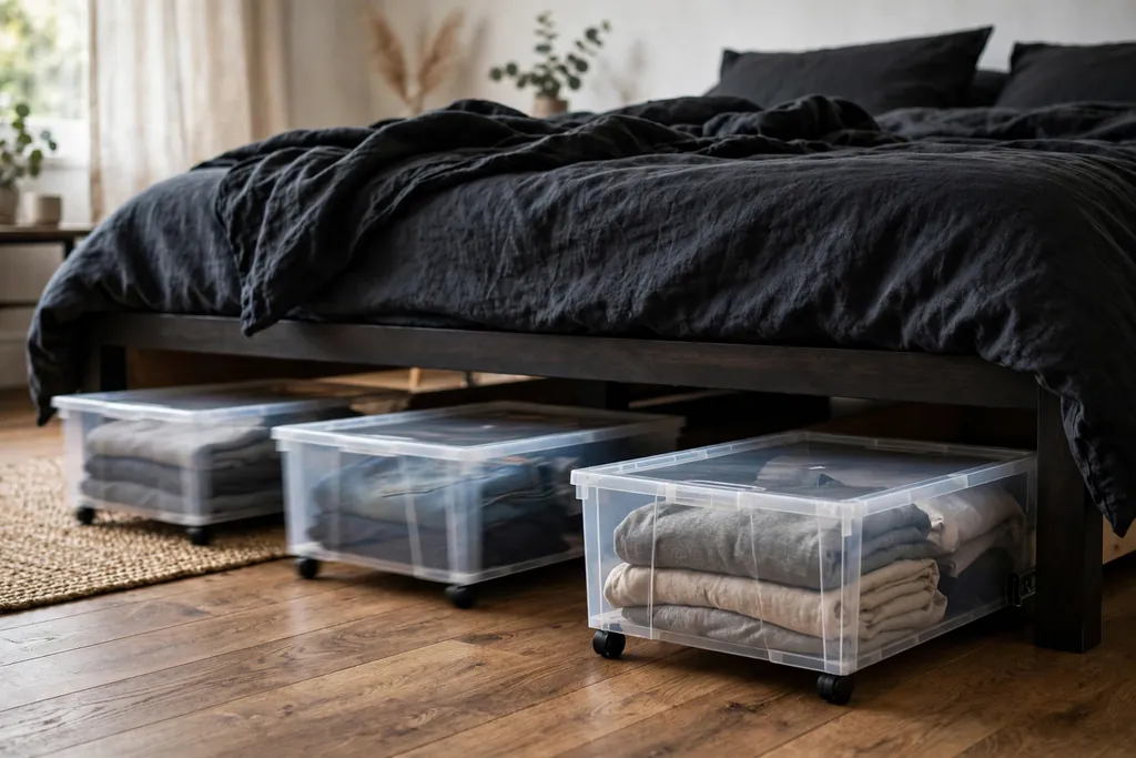 Low rolling storage boxes sliding out from under a bed with dark bedding.