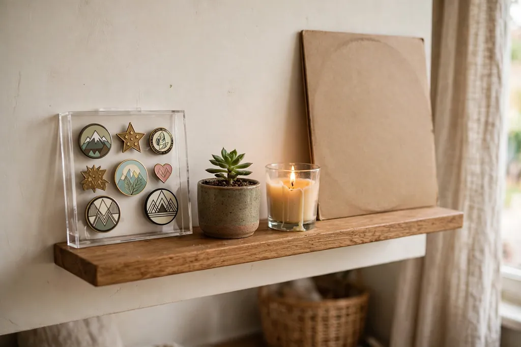 Short shelf with a badge display, a small plant, a candle, and a record sleeve.