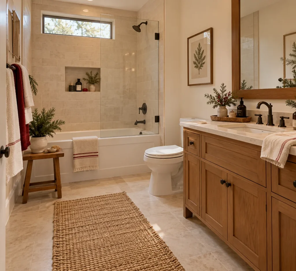 Holiday guest bathroom with clean towels and neatly arranged supplies.