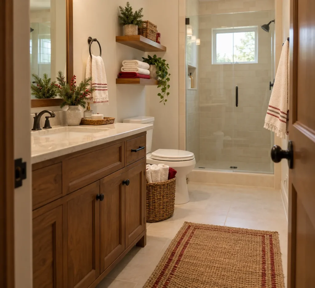 Holiday guest bathroom with clean towels and neatly arranged supplies.