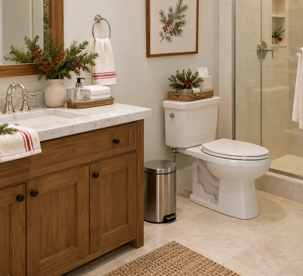 A covered wastebasket near the guest bathroom toilet.