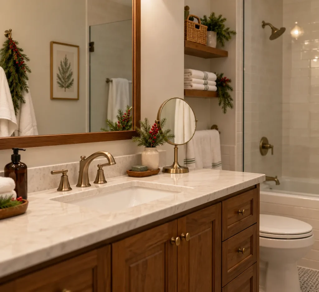 A small secondary mirror on a dry vanity surface.