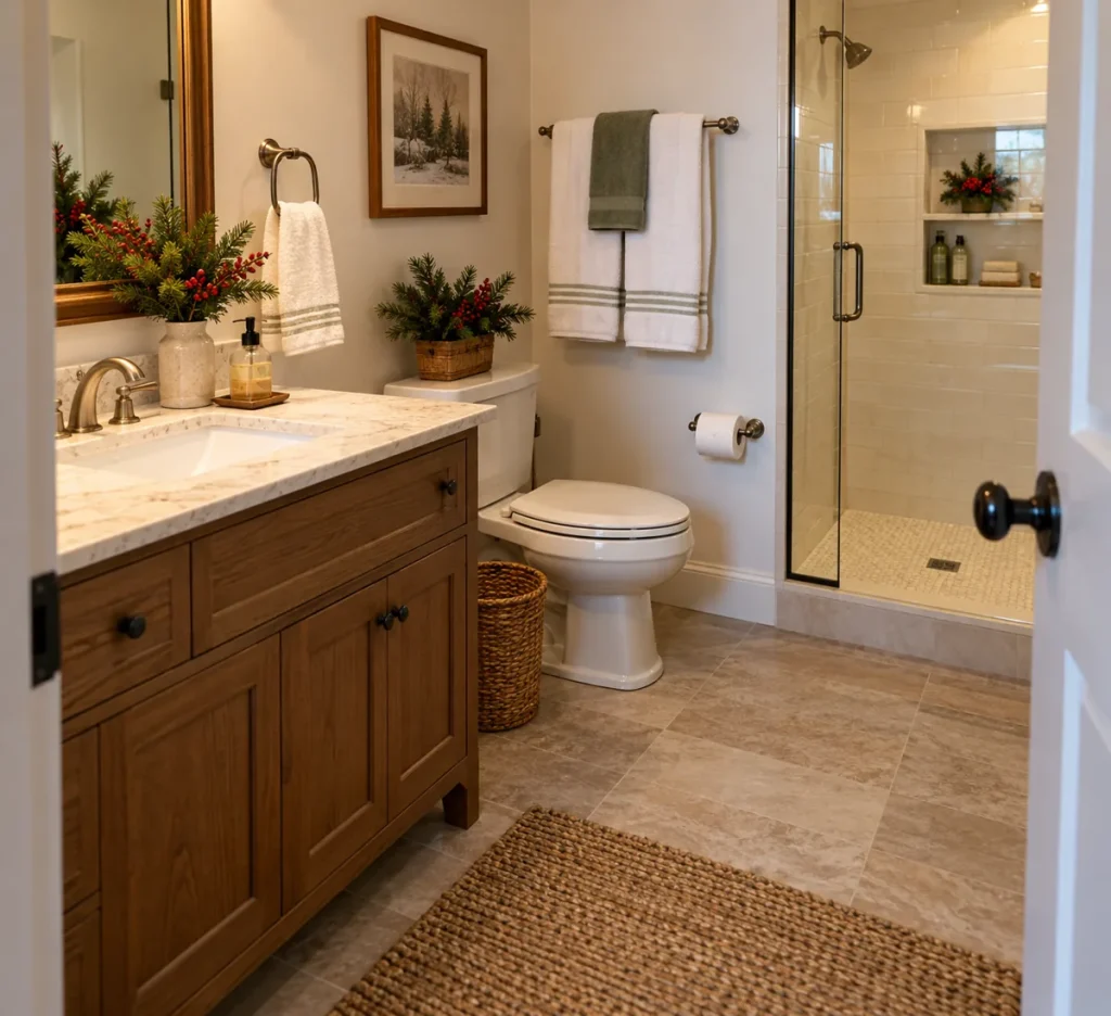 A guest bathroom viewed from the doorway with supplies visible.