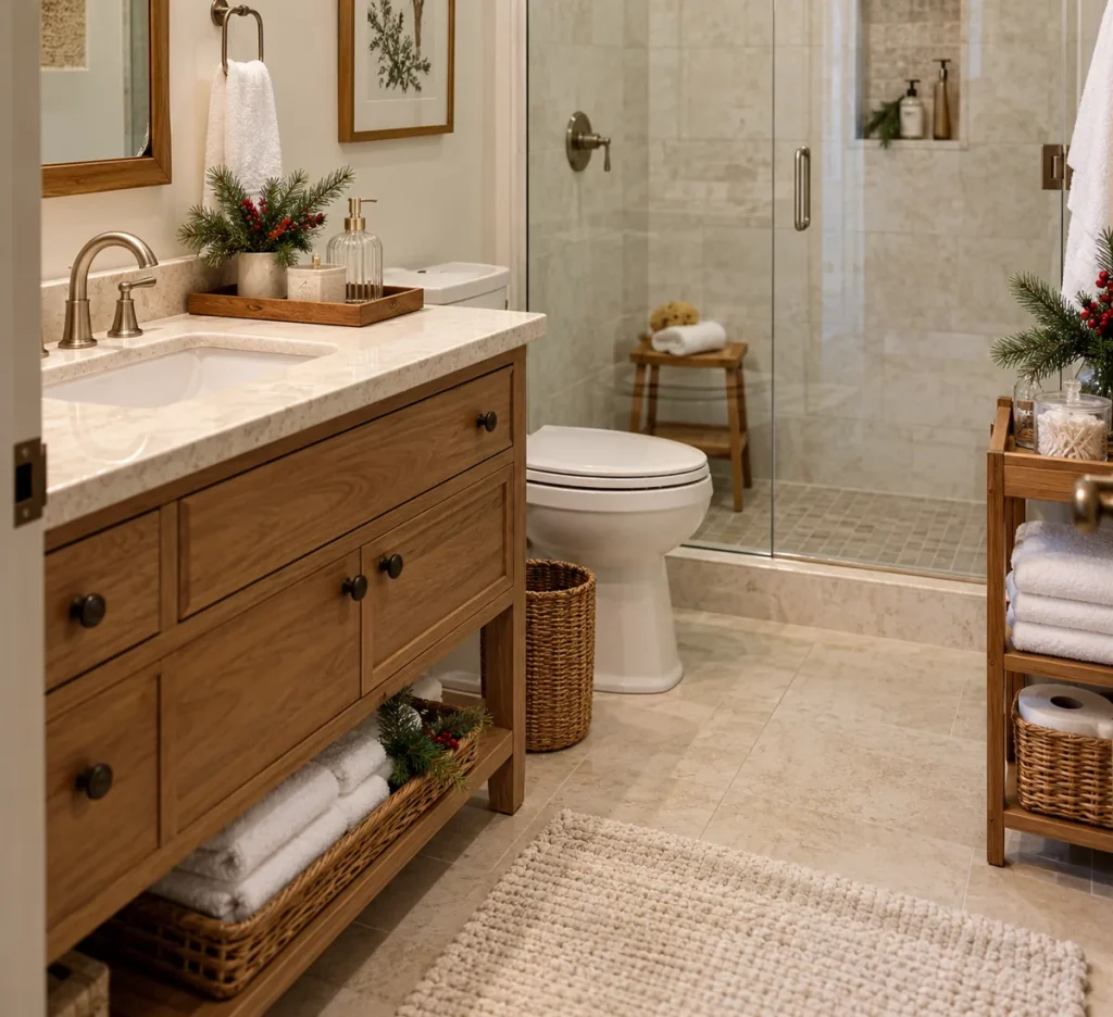 A clean guest vanity with towels and supplies returned to their places.