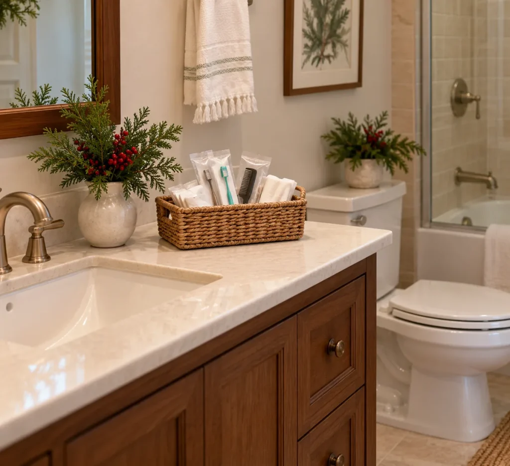 A basket of packaged guest toiletries beside a bathroom basin.