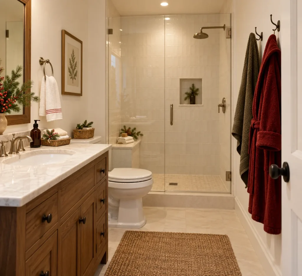 Robes and towels hanging on reachable bathroom wall hooks.