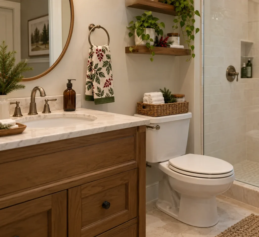 A festive patterned hand towel beside a guest bathroom sink.