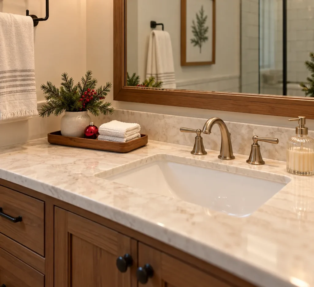 A low holiday display on a tray beside a clear sink area.