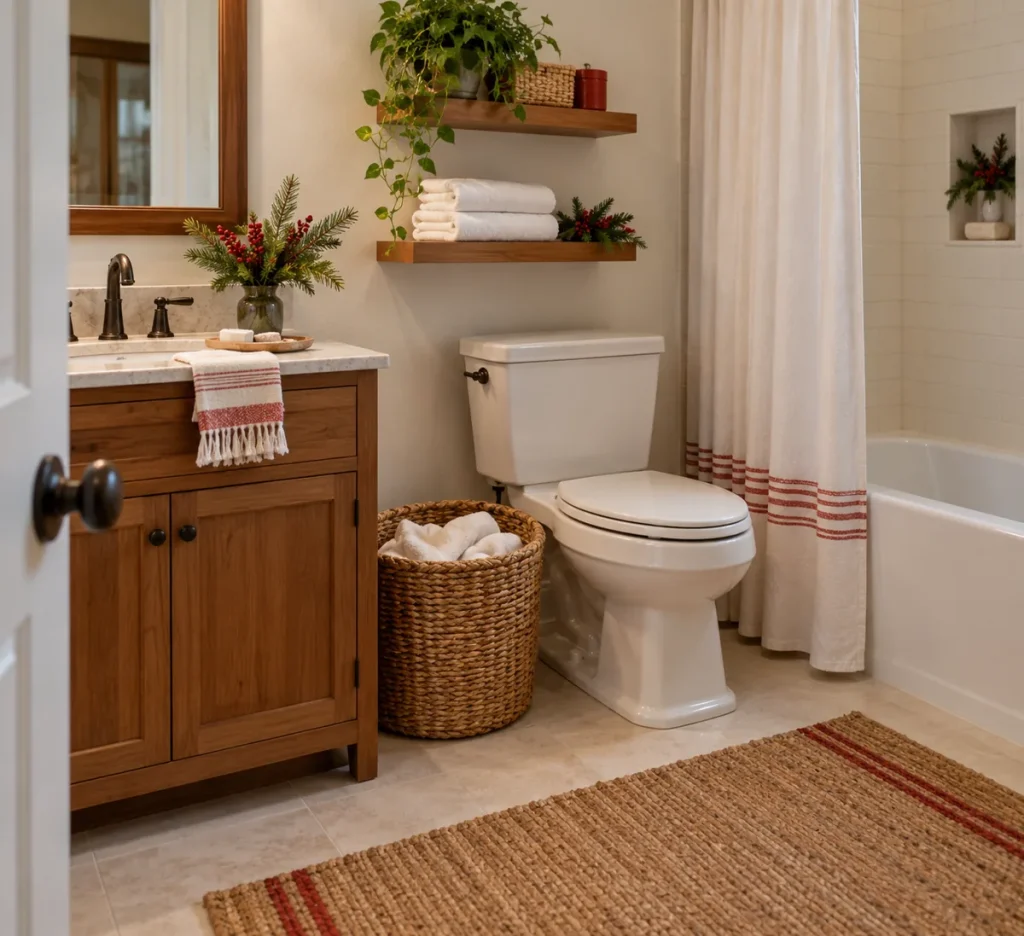 A separate basket for used towels beside the bathroom vanity.