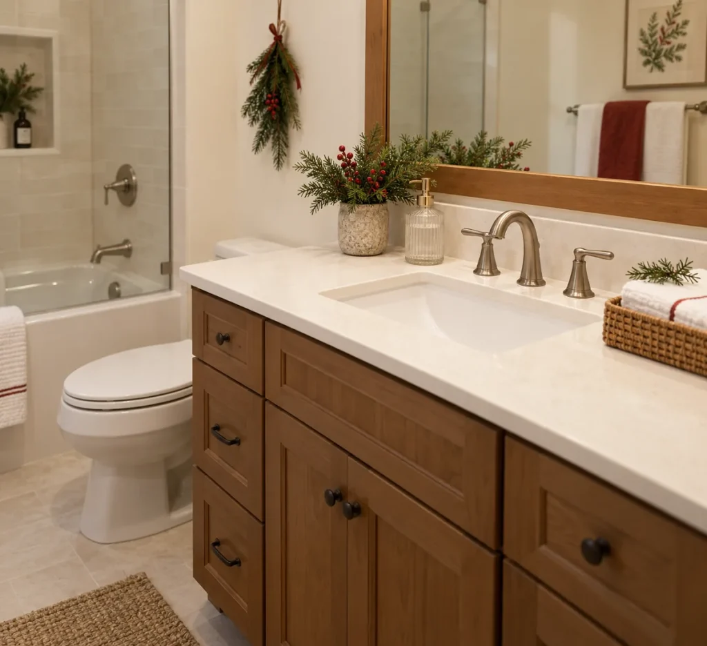 Holiday guest bathroom with clean towels and neatly arranged supplies.