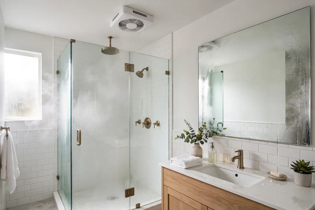 Bathroom exhaust fan running above a shower as steam clears from the mirror