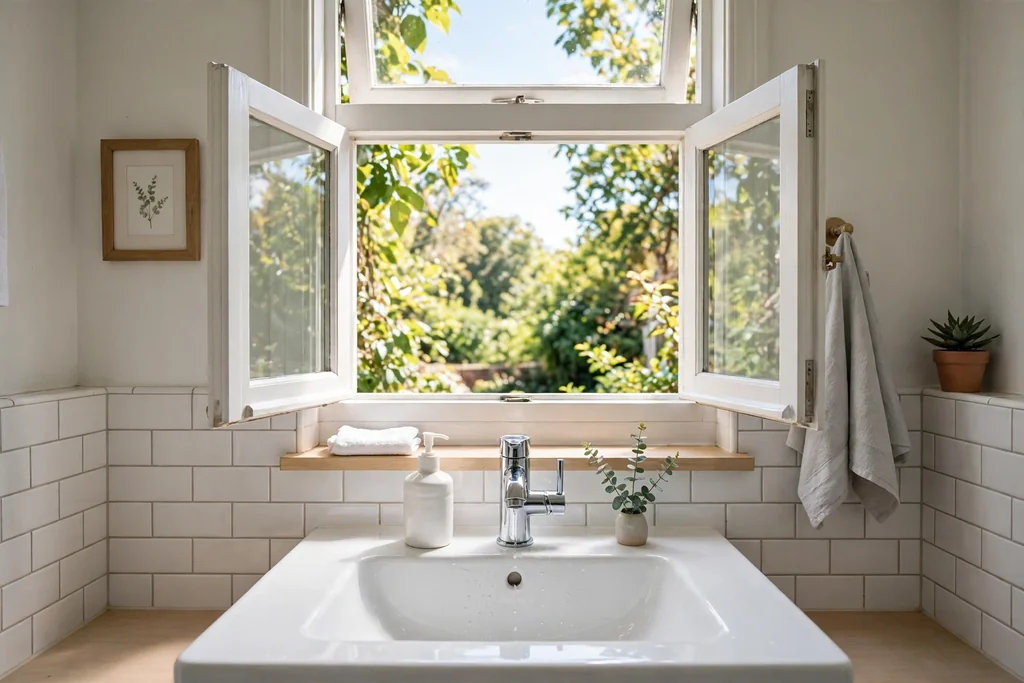Small bathroom window opened wide letting daylight and fresh air over a clean sink