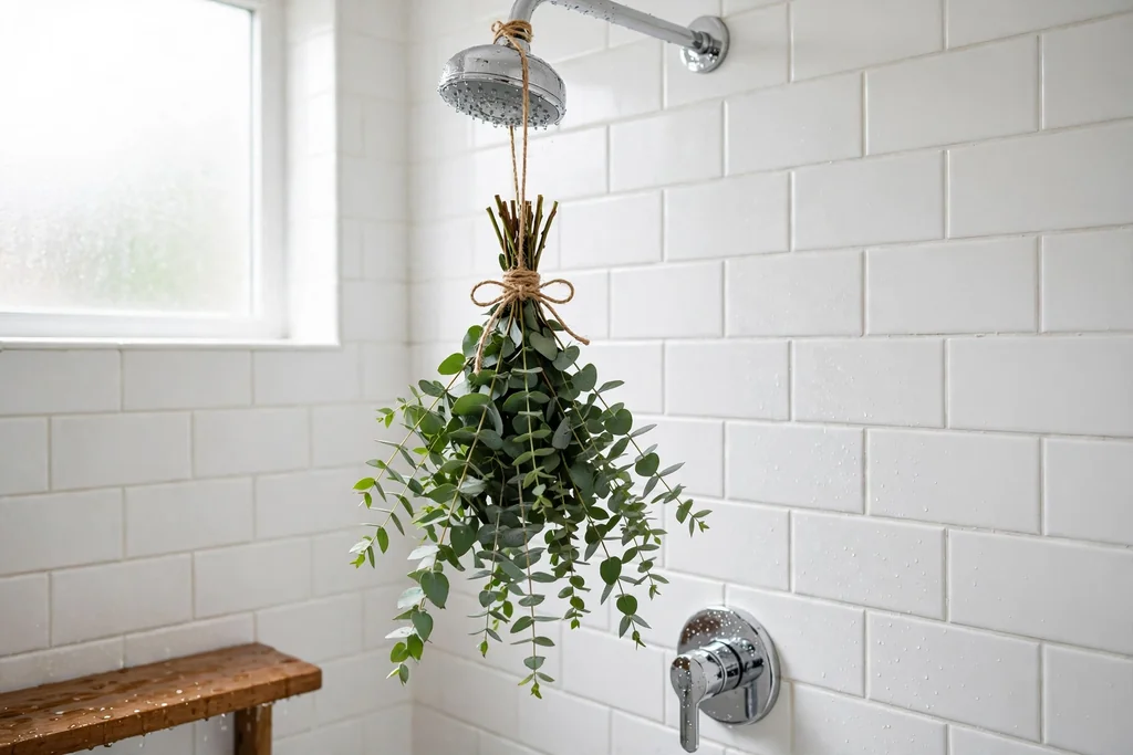Fresh eucalyptus bundle tied with string hanging from a showerhead in a bright shower
