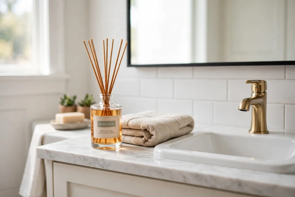Reed diffuser with wooden reeds on a bathroom vanity beside a sink