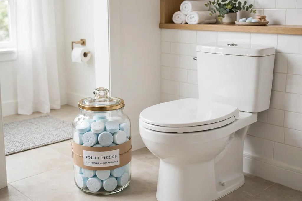Toilet fizzies in a glass jar beside a clean toilet bowl
