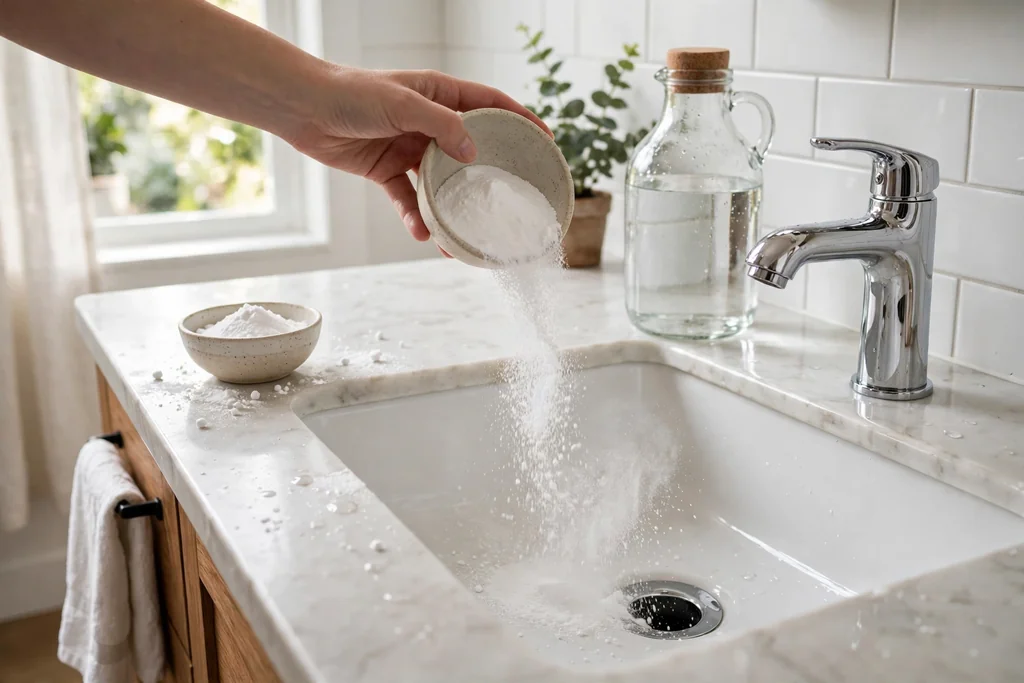 Baking soda being poured into a bathroom sink drain with hot water nearby