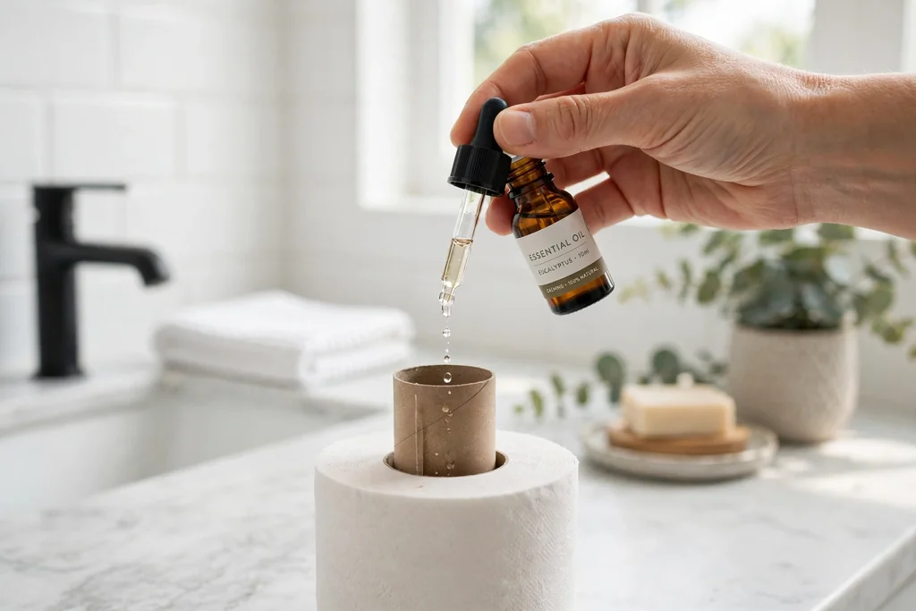 Essential oil drops being added to the cardboard tube of a toilet paper roll