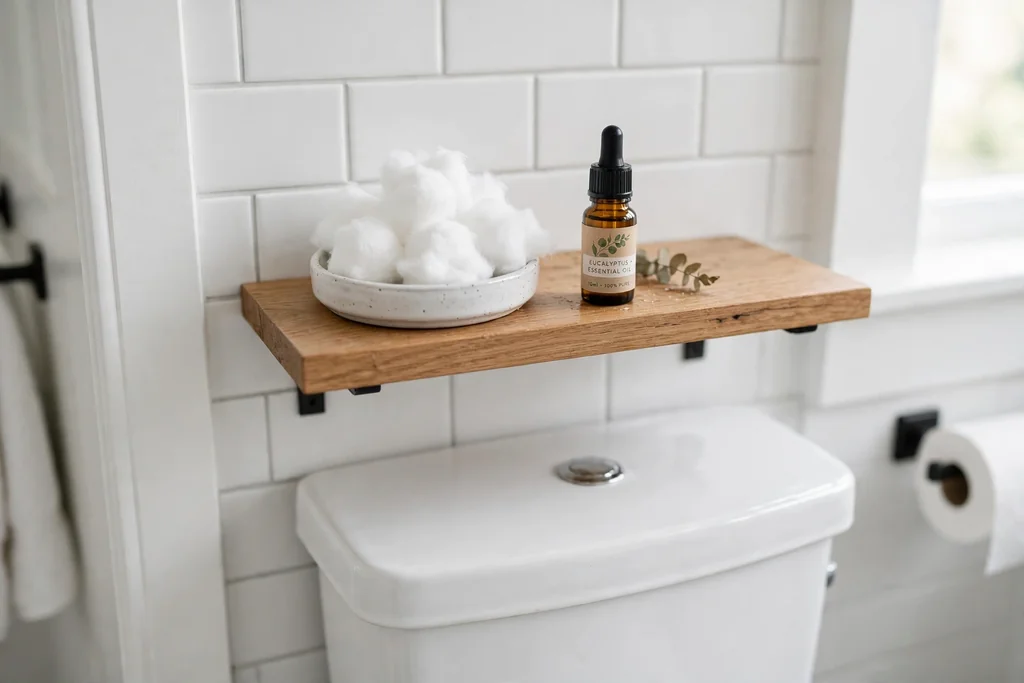 Small dish with scented cotton balls on a shelf behind a toilet