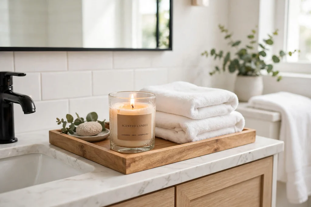 Lit scented candle on a tray on a bathroom vanity beside folded towels