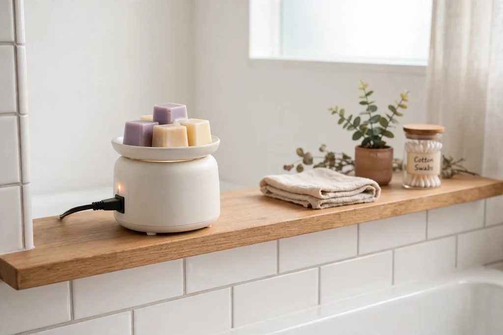 Small wax melt warmer with wax cubes on a dry bathroom shelf