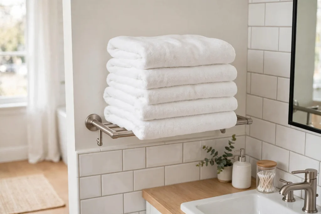 Stack of fresh white towels drying on a rail in a bright bathroom