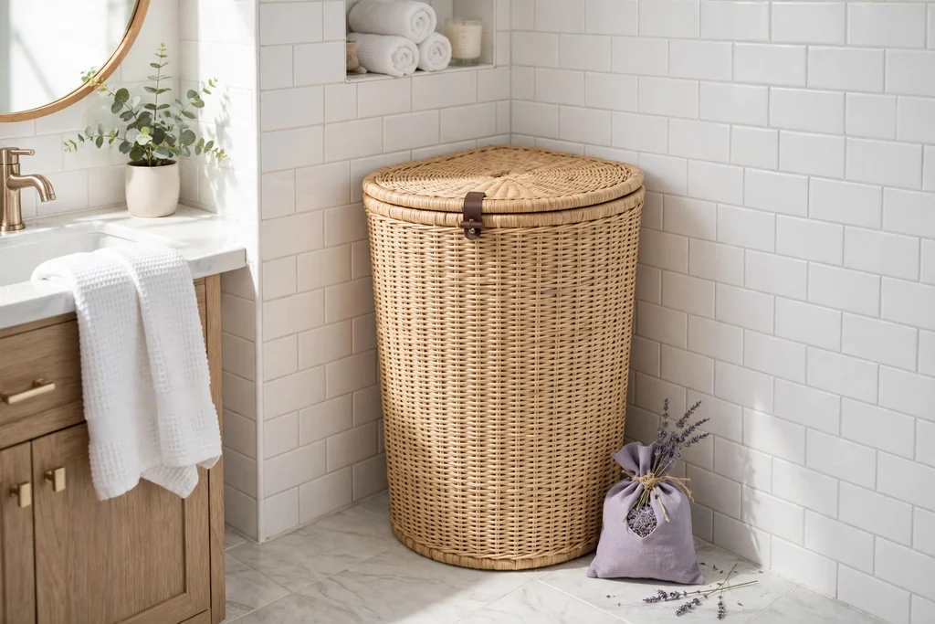 Lidded laundry hamper with a lavender sachet in a bathroom corner