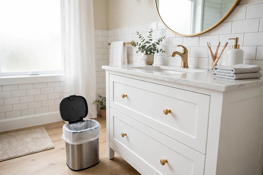 Small lidded bathroom trash can with a fresh liner beside a vanity