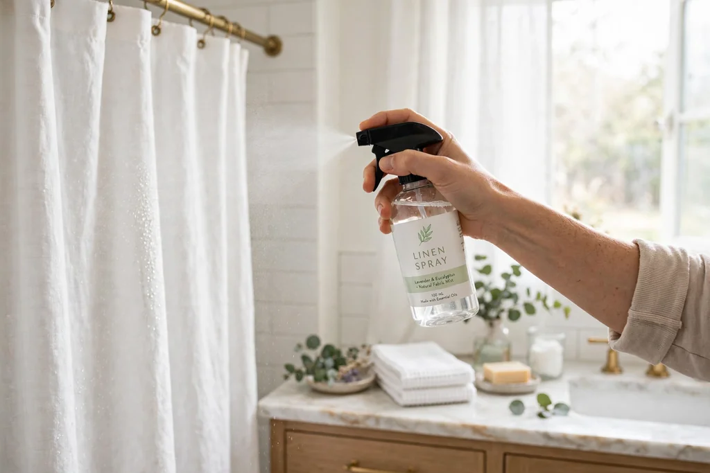 Hand misting a shower curtain lightly with linen spray