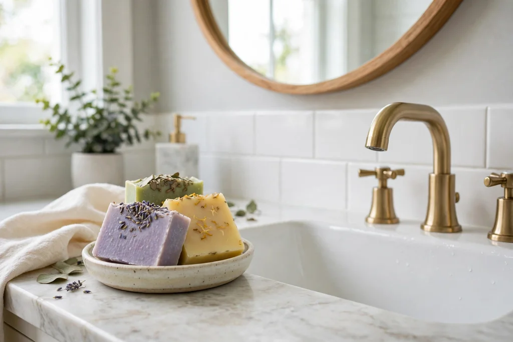 Scented bar soaps in a small dish on a bathroom vanity beside a sink
