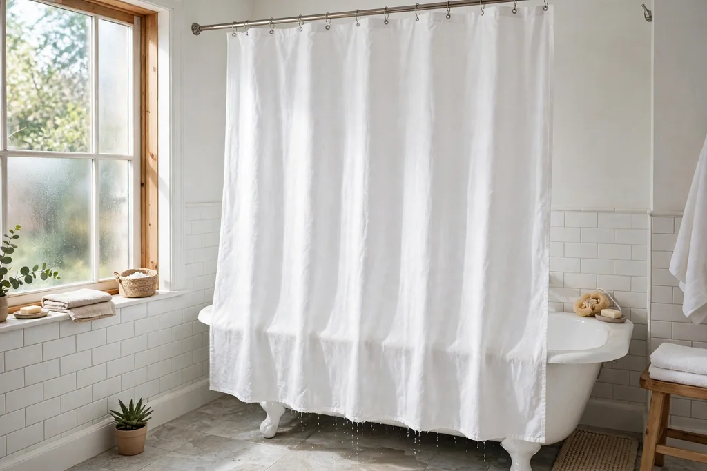 Clean white shower curtain hanging spread out to dry in a bright bathroom