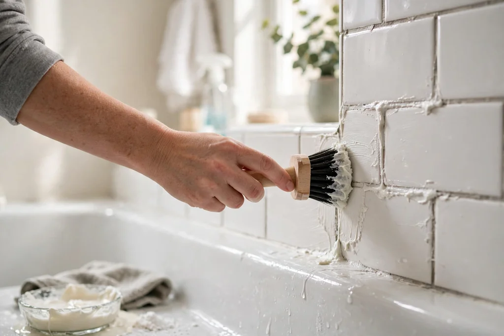 Hand scrubbing bathroom tile grout with a small brush and baking soda paste