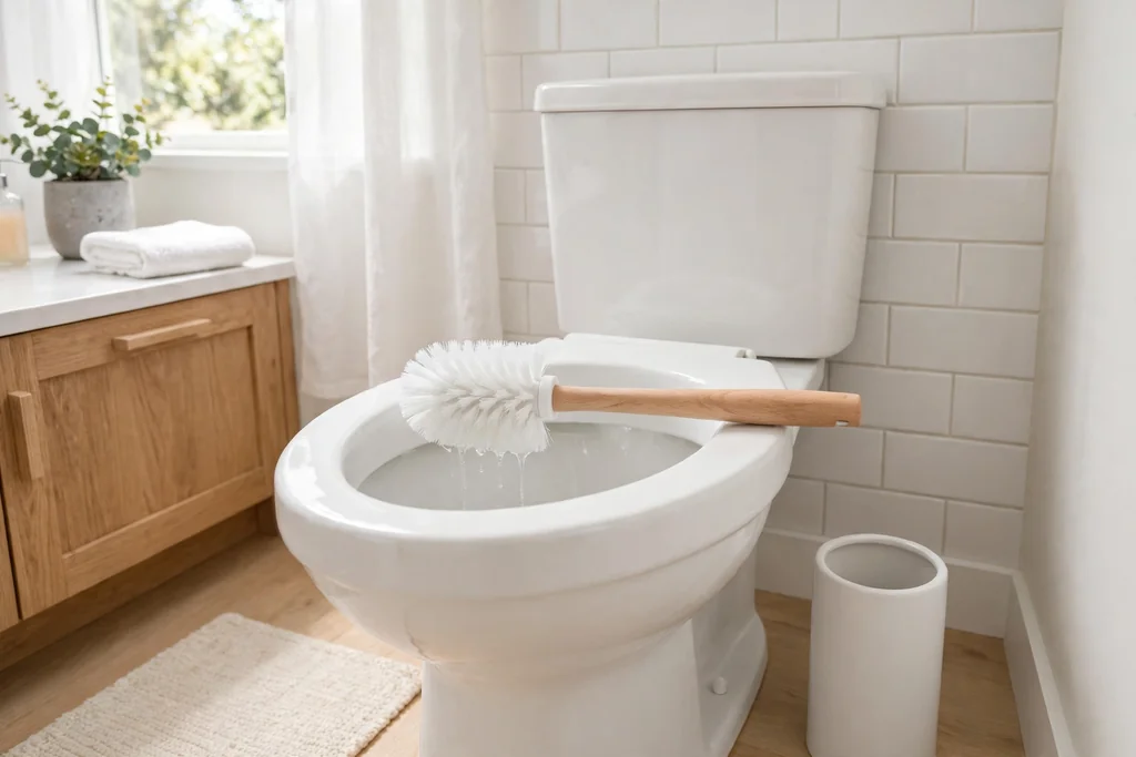 Clean toilet brush drying over a toilet bowl beside a clean holder