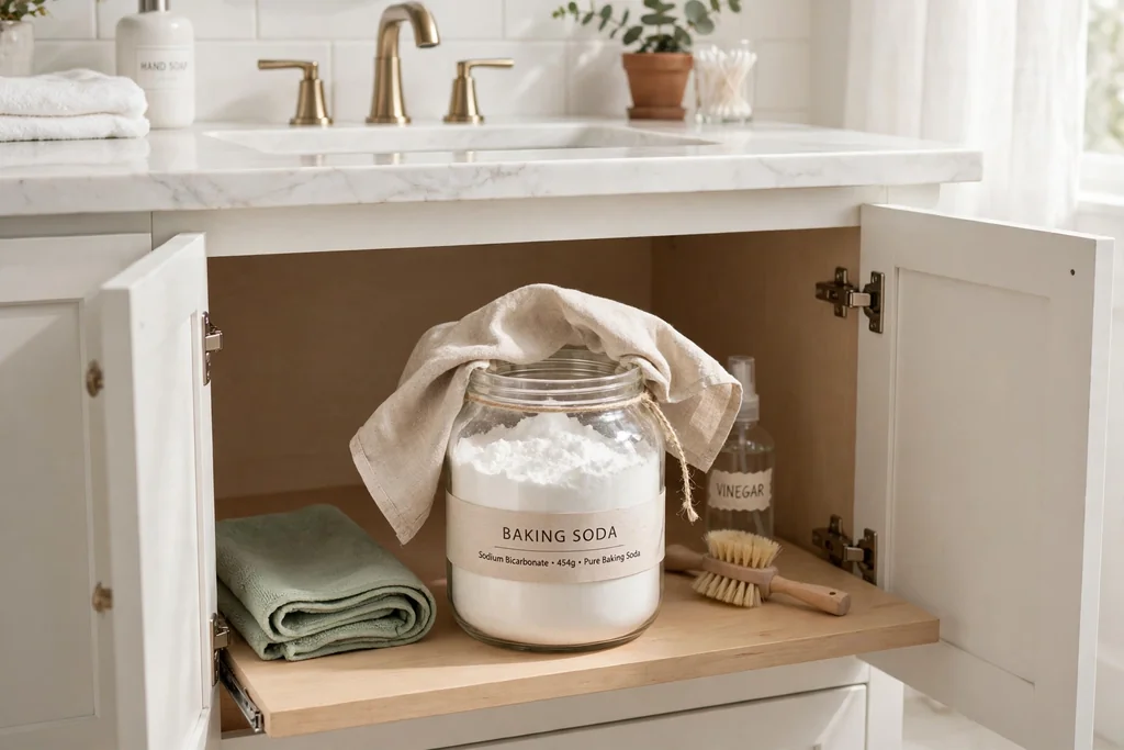 Open jar of baking soda with a cloth cover inside a bathroom vanity cabinet
