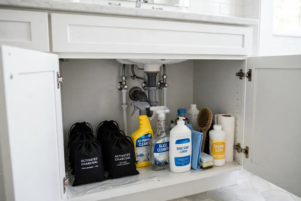Activated charcoal bags tucked under a bathroom sink