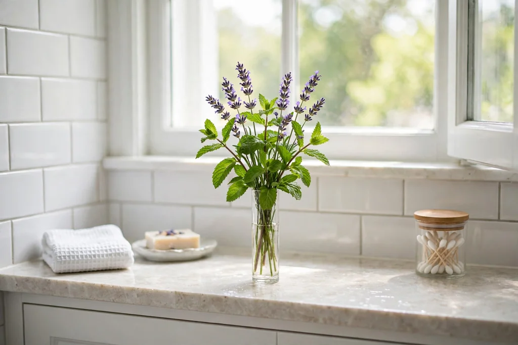 Small bouquet of fresh mint and lavender in a narrow vase on a bathroom windowsill