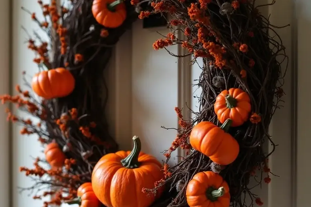 Small fall wreath hanging on a bedroom door.