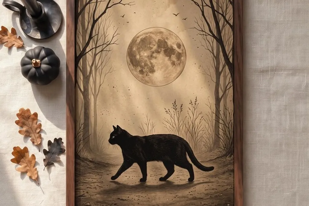Framed Halloween prints on a bedroom wall.