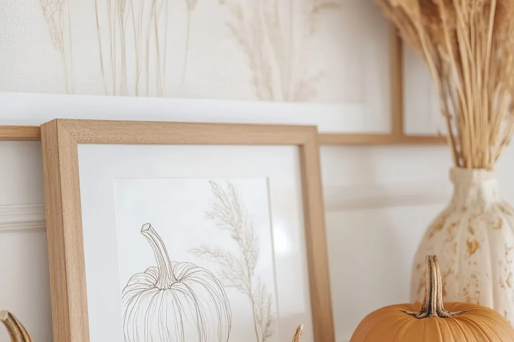 Picture ledge with small prints and a tiny pumpkin.