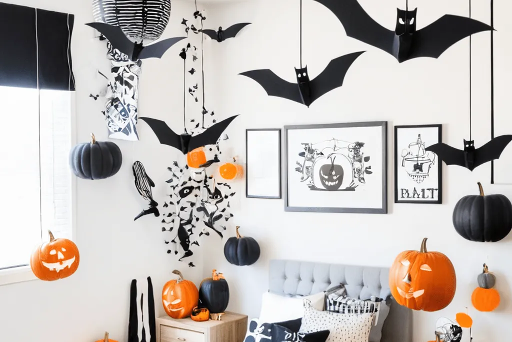 Paper moon garland hanging above a headboard.