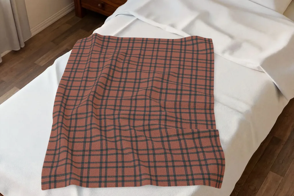 Plaid throw folded across the foot of a bed.