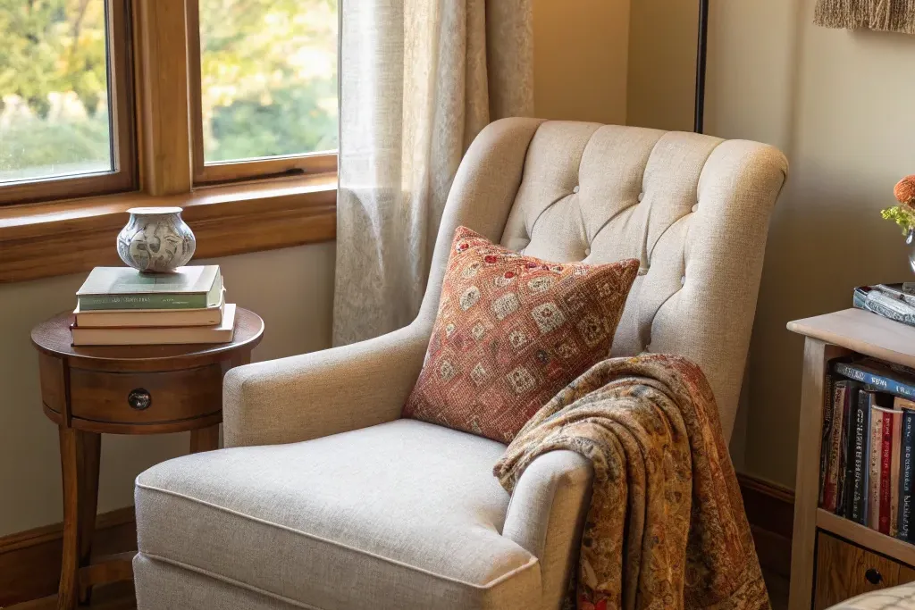 Reading chair with a seasonal cushion and throw.
