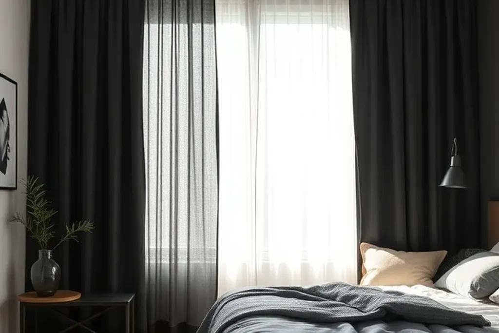 Sheer dark curtains layered over light curtains.